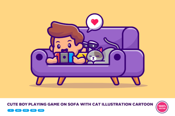 Cute Boy Playing Game on Sofa with Cat – A Versatile Graphic for Modern Branding